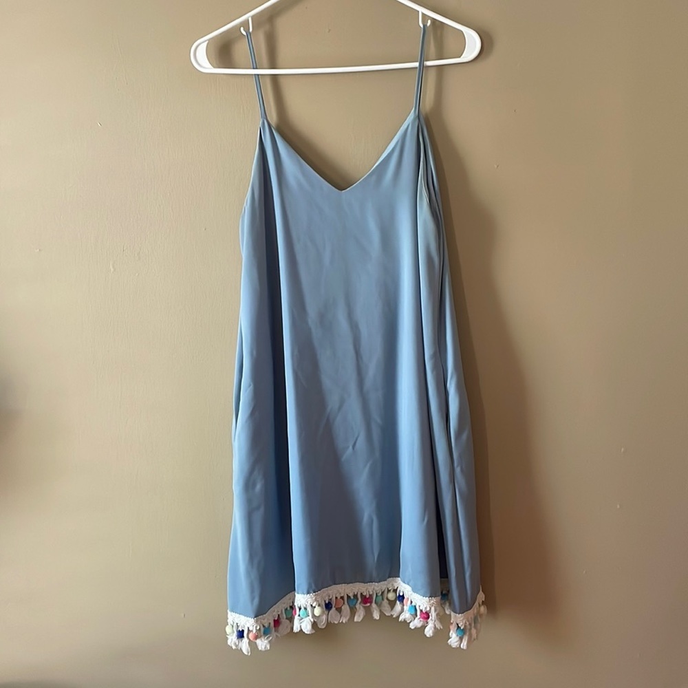 peach love California blue tank dress with ruffle pom pom fringe - size medium